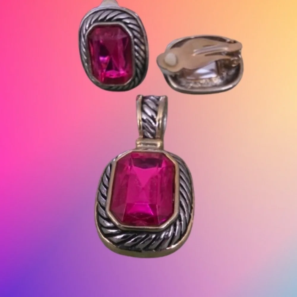 📣 Classic Y2K Fushia💖 Two Tone Gold Rope FASHION Set CLIP Earrings Pendant 😍